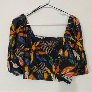 Medium tropical print crop top zipper off shoulder blouse